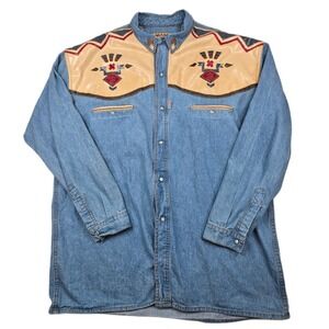 Vintage Shooter Denim Western Shirt Mens 2XL‎ Blue Southwestern Faux Suede Snap